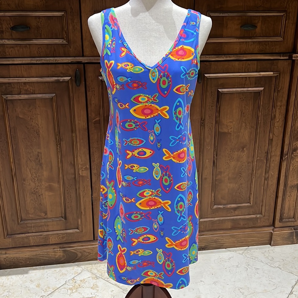 fresh produce Bright Blue Tank Dress with Multicolor Fish Print